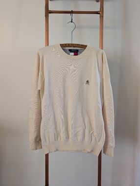 90s Original Vintage 'Tommy Hilfiger' Cream Crewneck Knit Sweater for Men